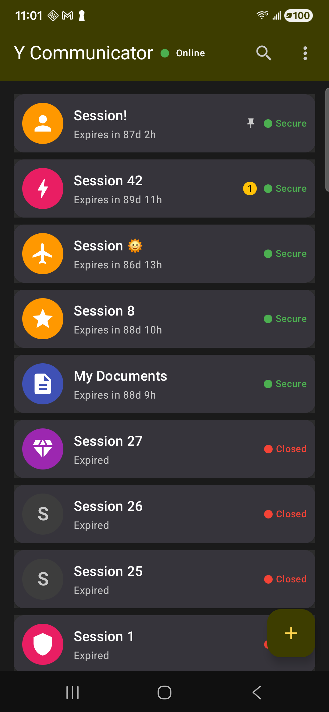 Y Communicator Android sessions screen screenshot
