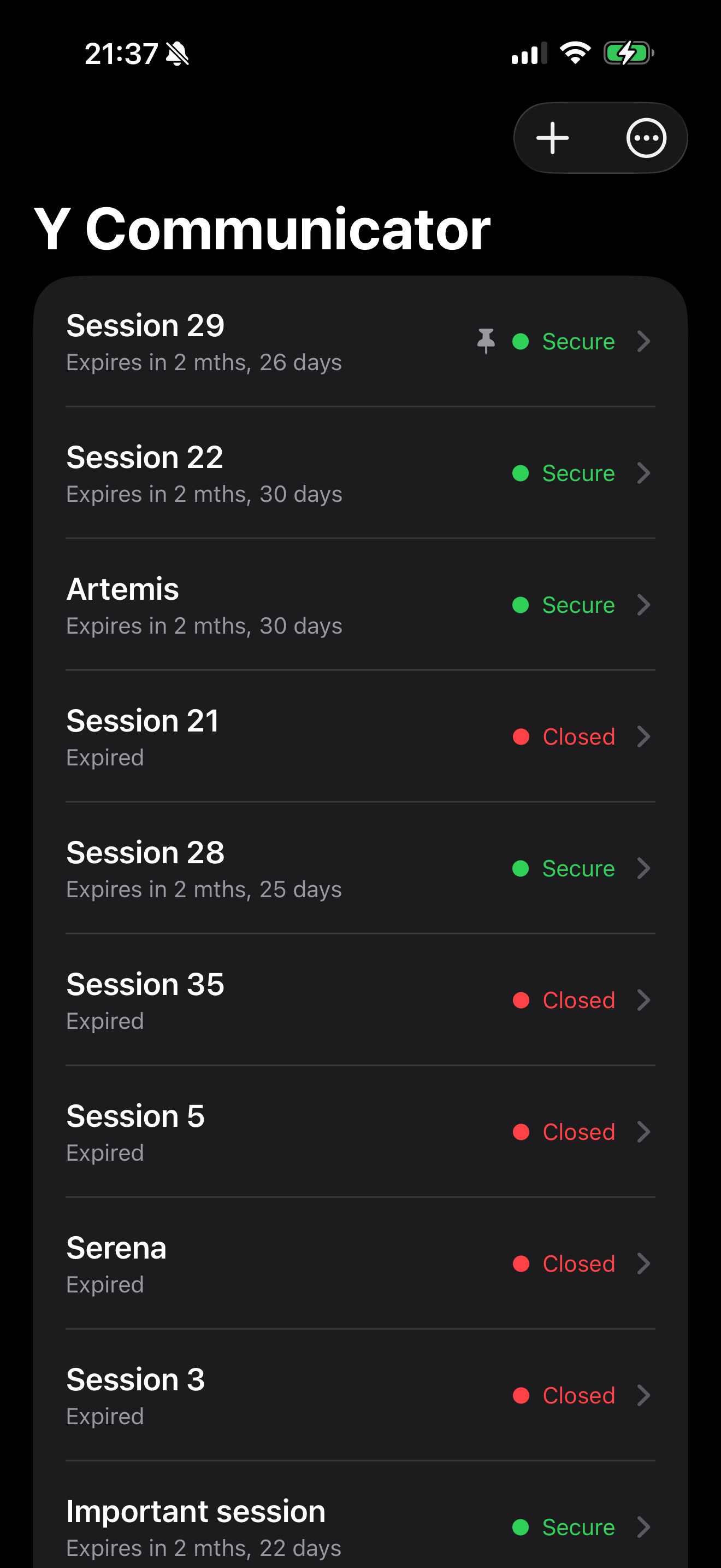 Y Communicator iOS sessions screen screenshot